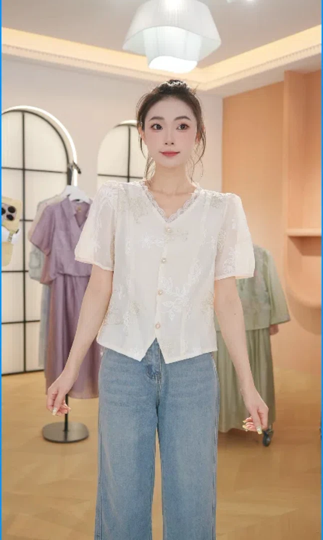 F2898夏季新款拼接V领短袖T恤女士法式设计衬衫休闲减龄百搭上衣