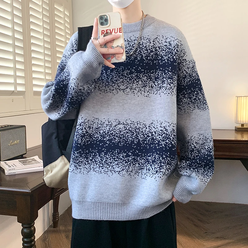 青少年2025新款秋冬季加厚毛衣男士酷帅毛线衣圆领渐变针织衫上衣