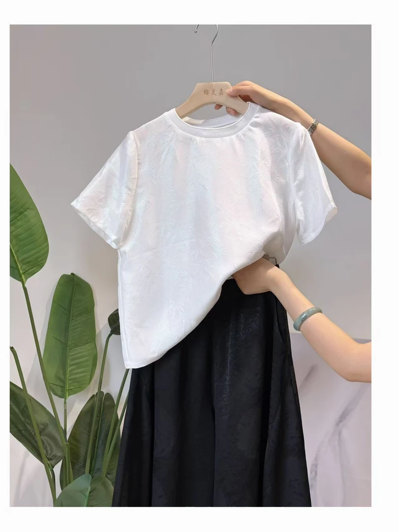 DY2458樱美嘉100桑蚕丝正绢简约休闲纯色白色打底衫T恤圆领短袖