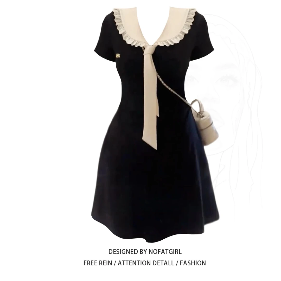 大码胖MM学院风娃娃领短袖连衣裙女夏季新款甜美气质收腰显瘦短裙