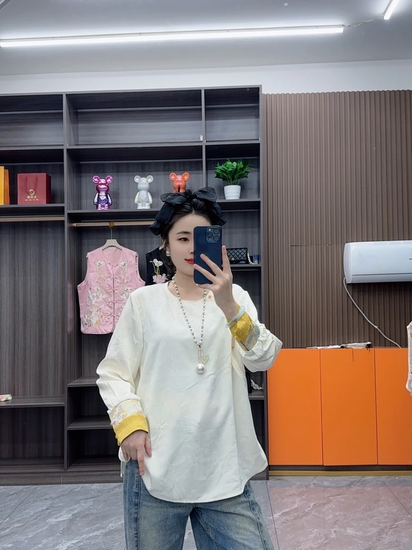 春季新款提花斜襟拼接袖口打底