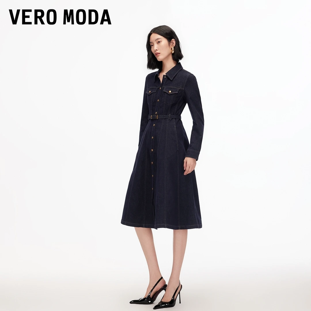 Vero Moda连衣裙2025秋冬新款含棉可拆腰带牛仔裙复古325442004