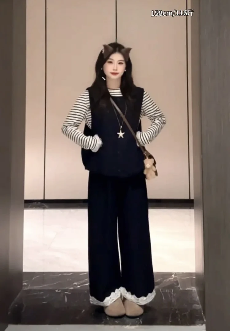 大码早秋长袖上衣打底显瘦三件套82302