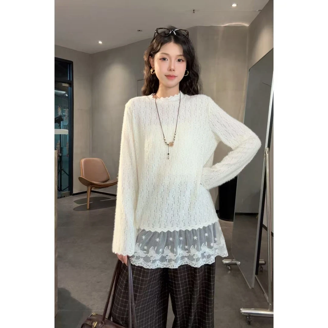 旻旻家打底衫蕾丝针织衫内搭长袖上衣女10276