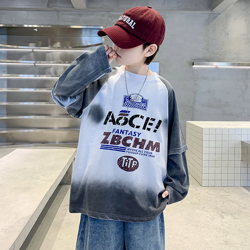 春季潮流男童卫衣假两件2025新款中大童春秋款男孩洋气春装上衣