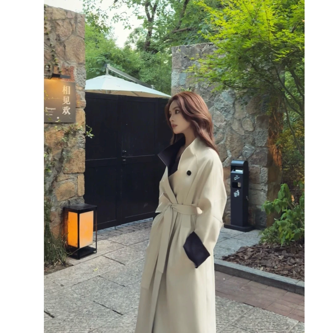 南韩女主【现货,现货】秋季中长款清冷松弛感拼色韩版风衣外套女-39
