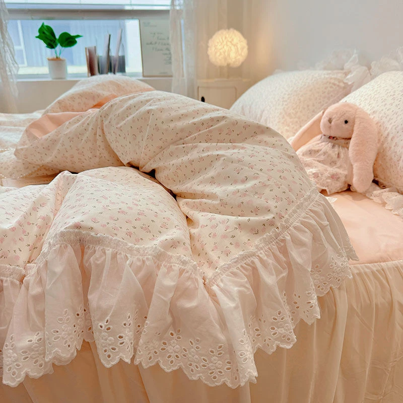 全棉韩系少女花边小碎花床裙田园风四件套纯棉床单被套三件套床品