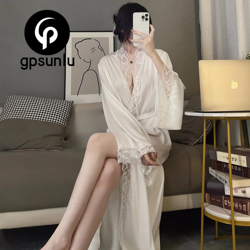 GPSUNLU网红款冰丝睡衣女士睡袍长款春秋季薄款晨袍浴袍家居服