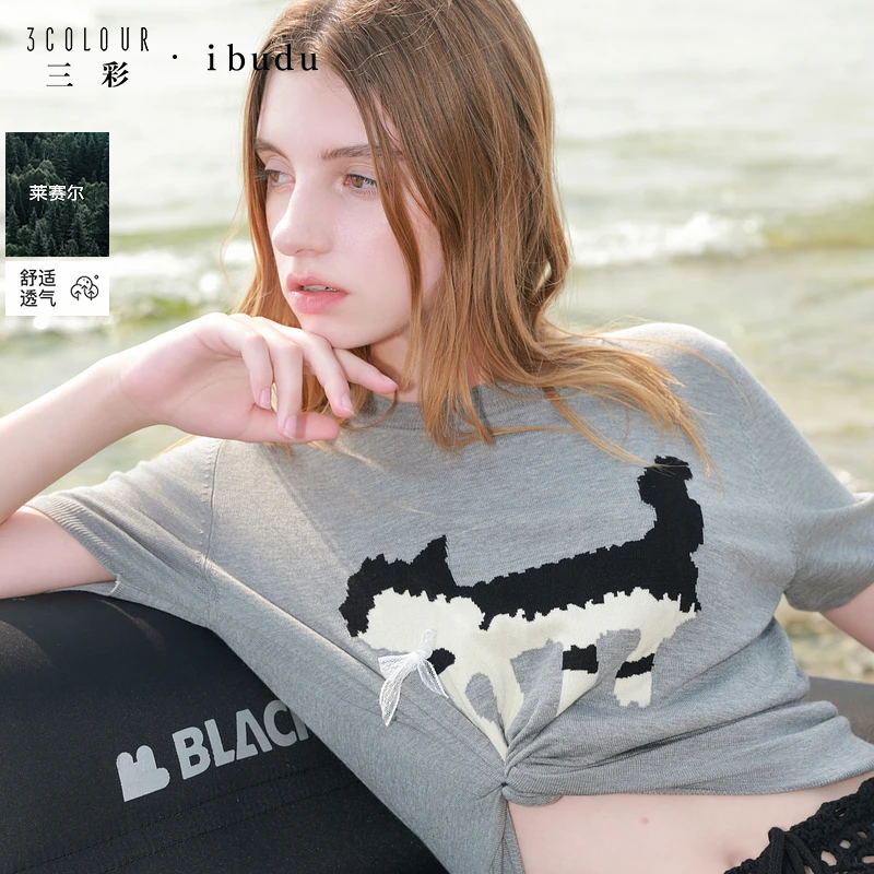 三彩ibudu2025夏季新款马赛克小猫针织衫莱赛尔圆领短袖套头衫女