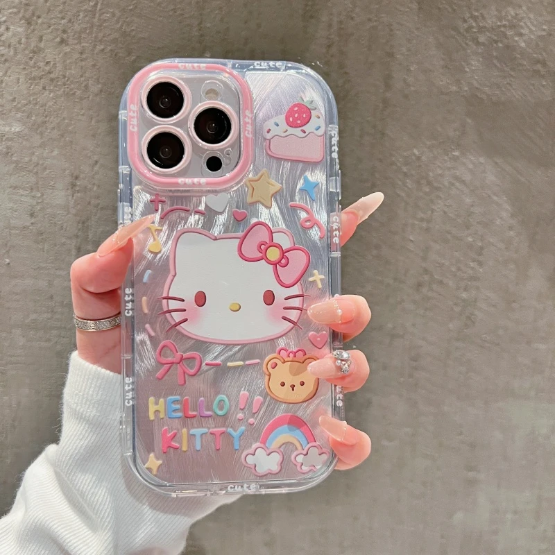 卡通凯蒂猫手机壳适用苹果华为小米vivo奶油羽纱防摔壳镜子支架款