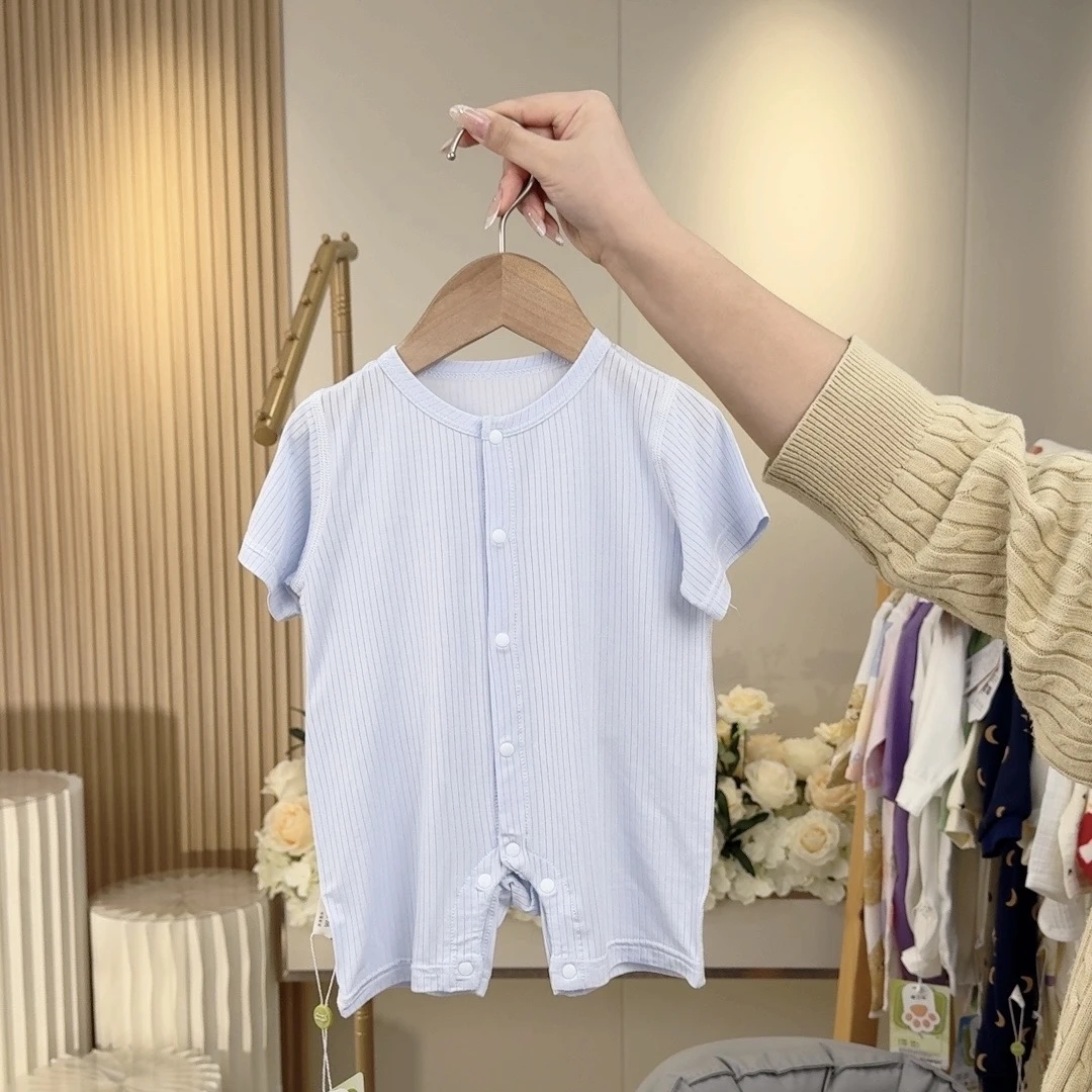 条纹对开短袖婴幼儿连身衣宝宝新生儿短闭哈衣爬爬服嘟
