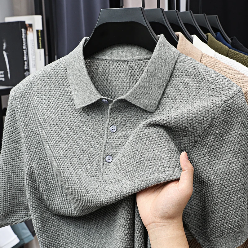 100纯棉菠萝格针织翻领polo衫男士短袖T恤透气宽松全棉半袖