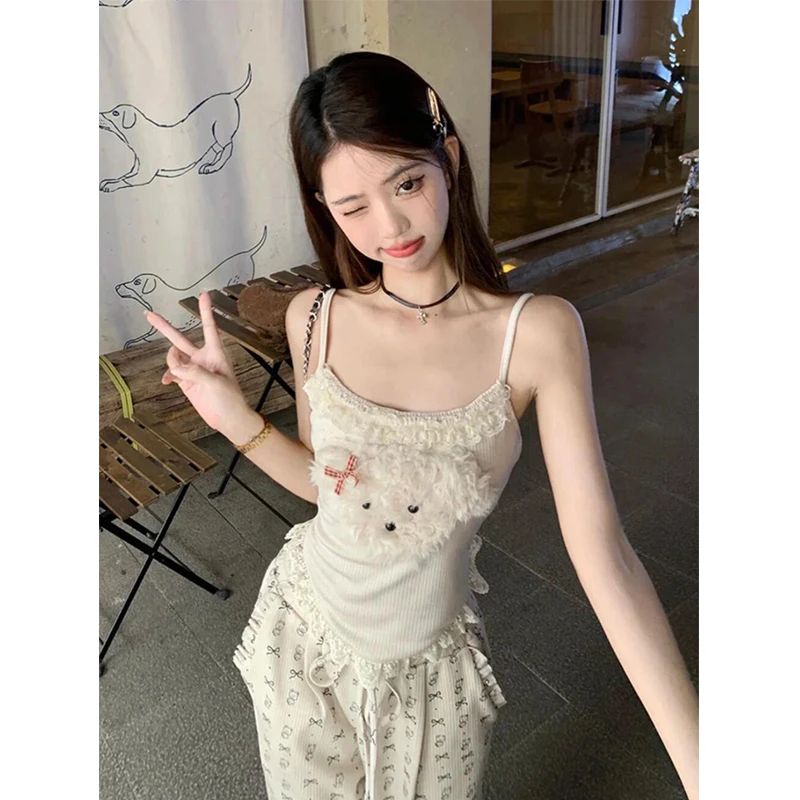 【卷毛小狗】韩系甜美吊带睡衣女夏季新款休闲长裤家居服套装可外穿