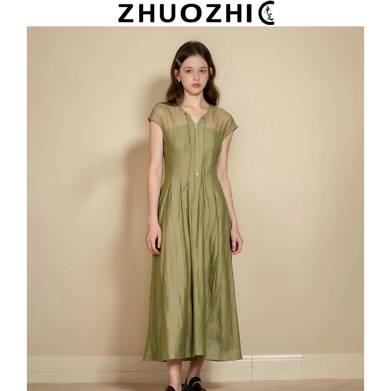 [卓芝]法式知性风系带纯色连衣裙2025夏季新款收腰显瘦气质中长裙