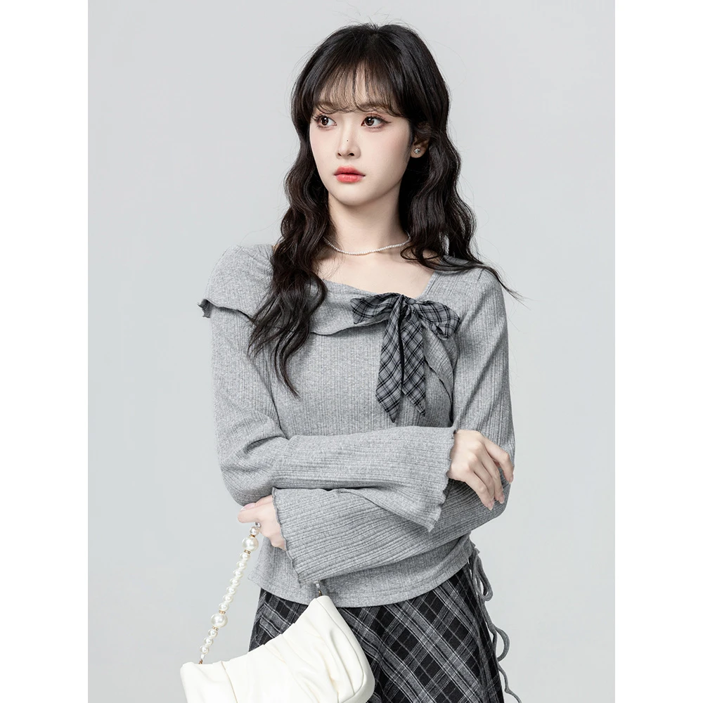 灰色蝴蝶结斜领长袖t恤女秋季纯欲内搭设计感抽绳收腰打底衫上衣