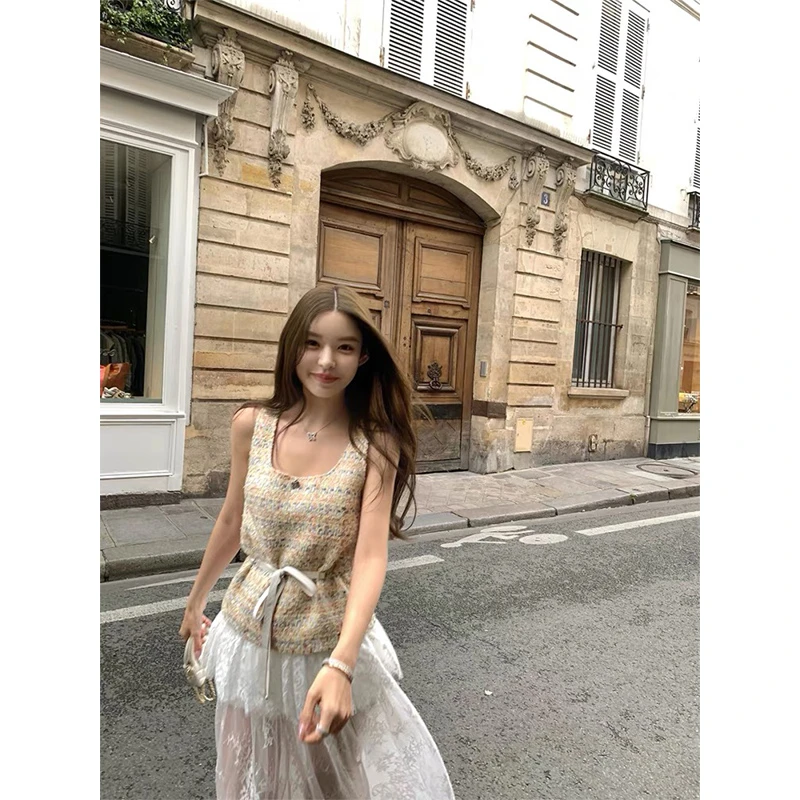 【甜橙多巴胺】2025夏季新款法式黄色小香背心上衣女配高腰半身裙