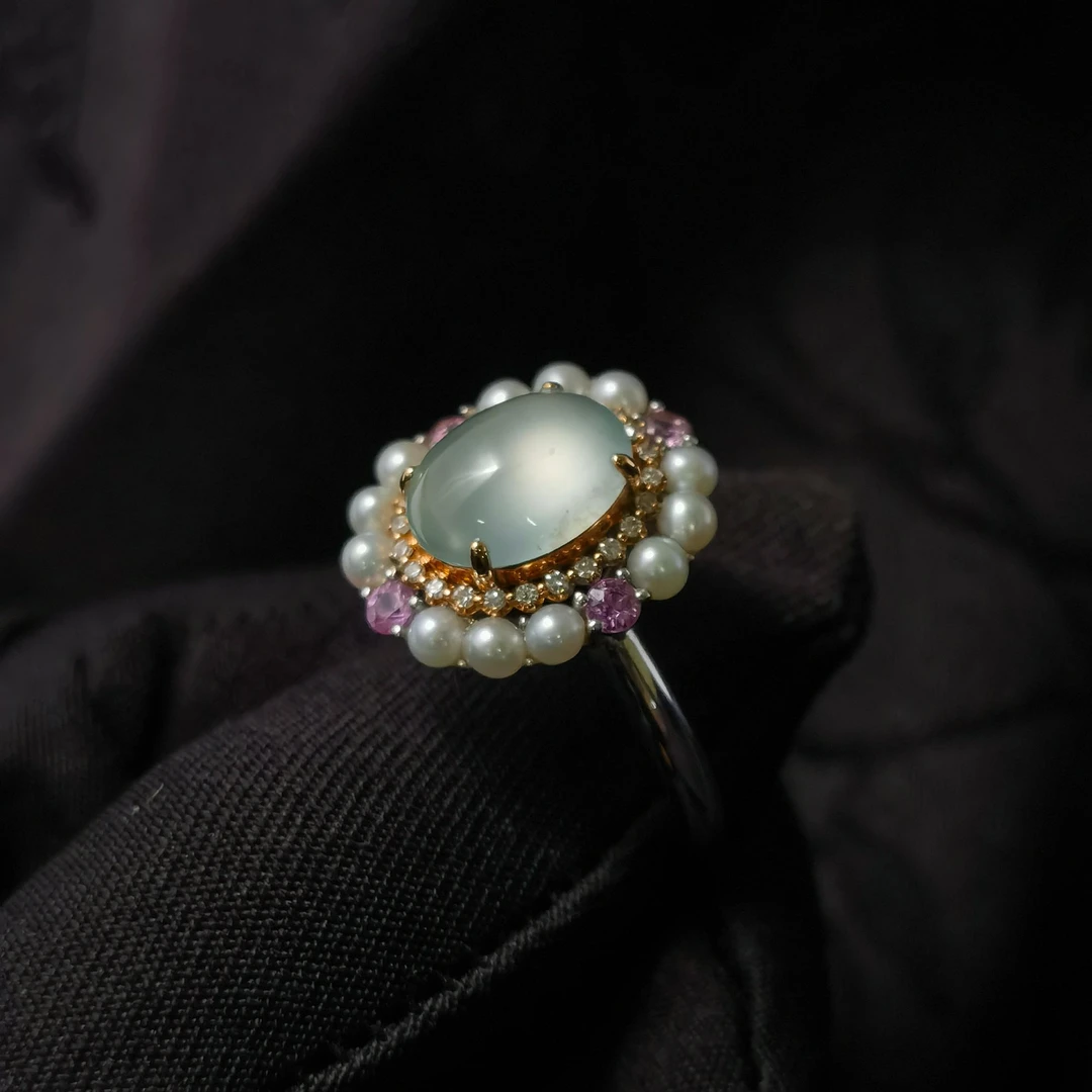 18k淡水珠白冰粉宝欧式公主风戒指