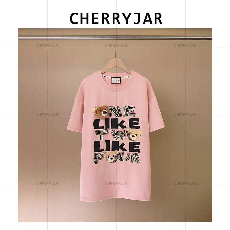 Cherryjar【251086】时尚卡通小熊字母镶钻印花立体小熊纯色T恤圆领