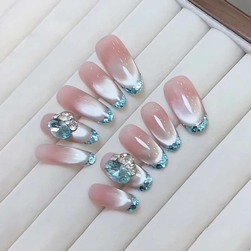 蓝色多巴胺纯手工穿戴甲中长款夏日猫眼法式腮红显白美甲贴片裸色