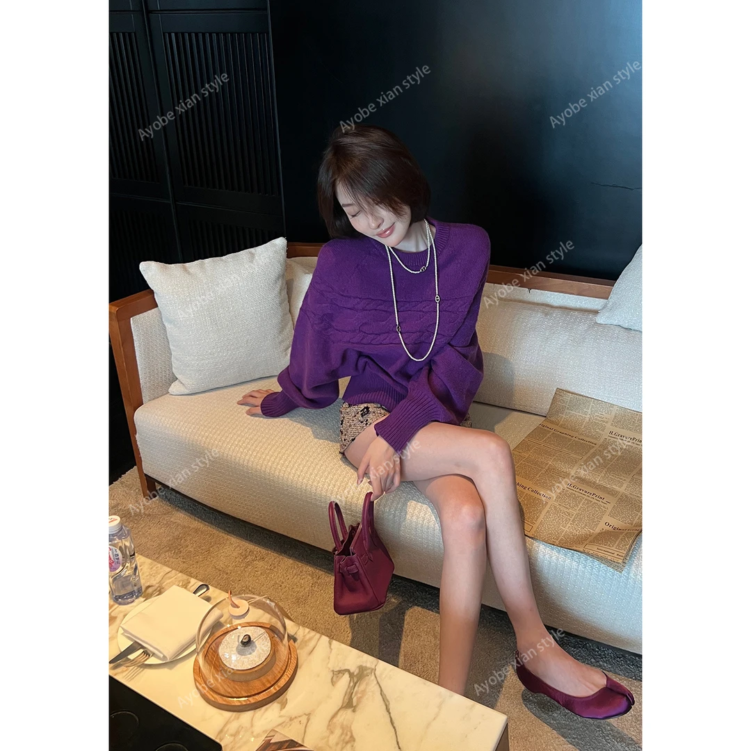 AYOBE小贤/绝绝紫  轻熟知性慵懒风洋气独特气质绞花收腰毛衣