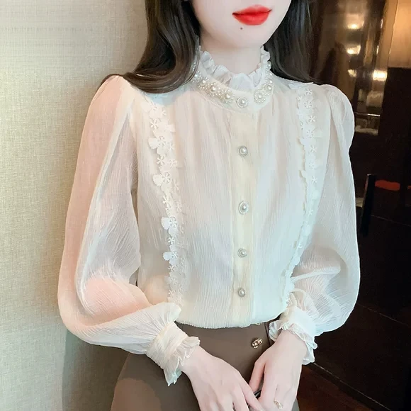 法式宫廷风雪纺衬衫女2025秋季新款小香风内搭打底衫长袖蕾丝上衣