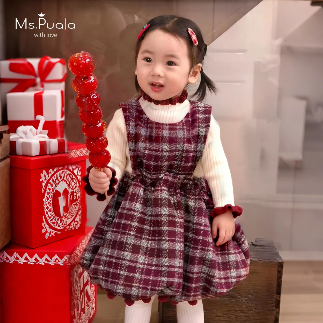 【MsPuala千禧】婴幼儿童装裙子背心裙女宝宝冬加棉格纹无袖连衣裙