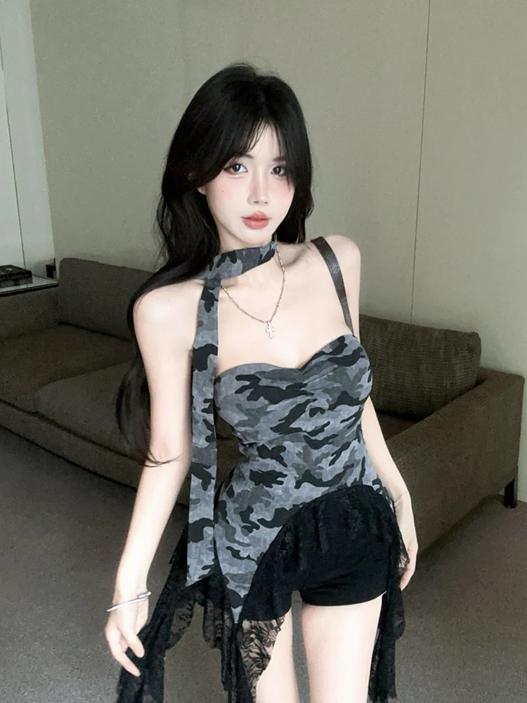 性感辣妹迷彩蕾丝荷叶边拼接不规则围脖抹胸修身百搭上衣显瘦半裙
