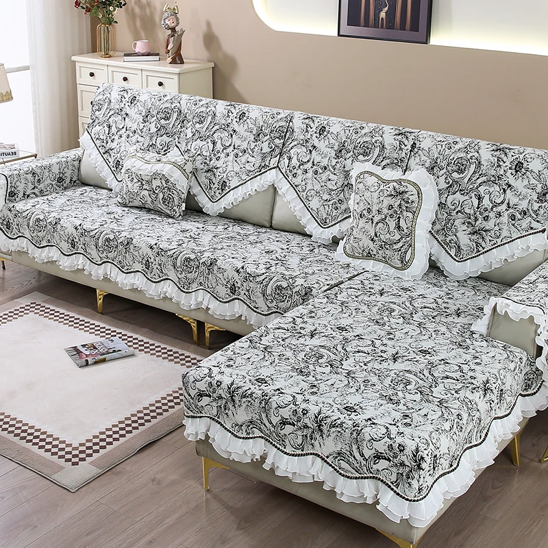 黑色沙发垫中古2025新款法式四季通用防滑贵妃定制坐垫盖布花绘