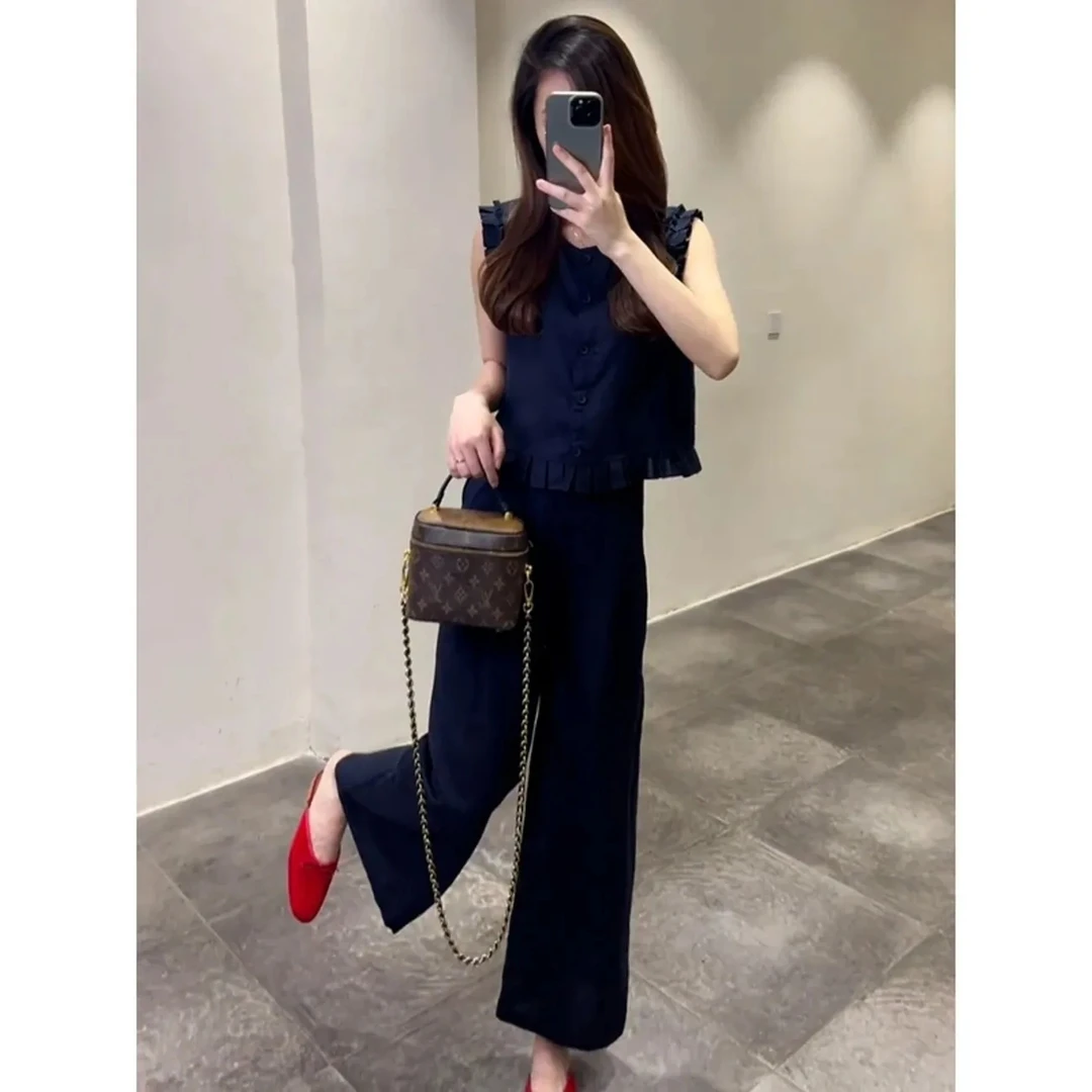 2025超火夏装一整套气质轻奢高级感大方得体蓝色马甲套装裤女