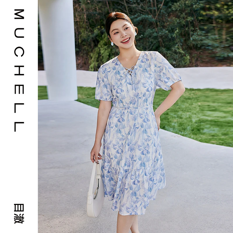目澈MUCHELL夏季新款【之然】大码V领系带印花A字连衣裙MDS2LD2131