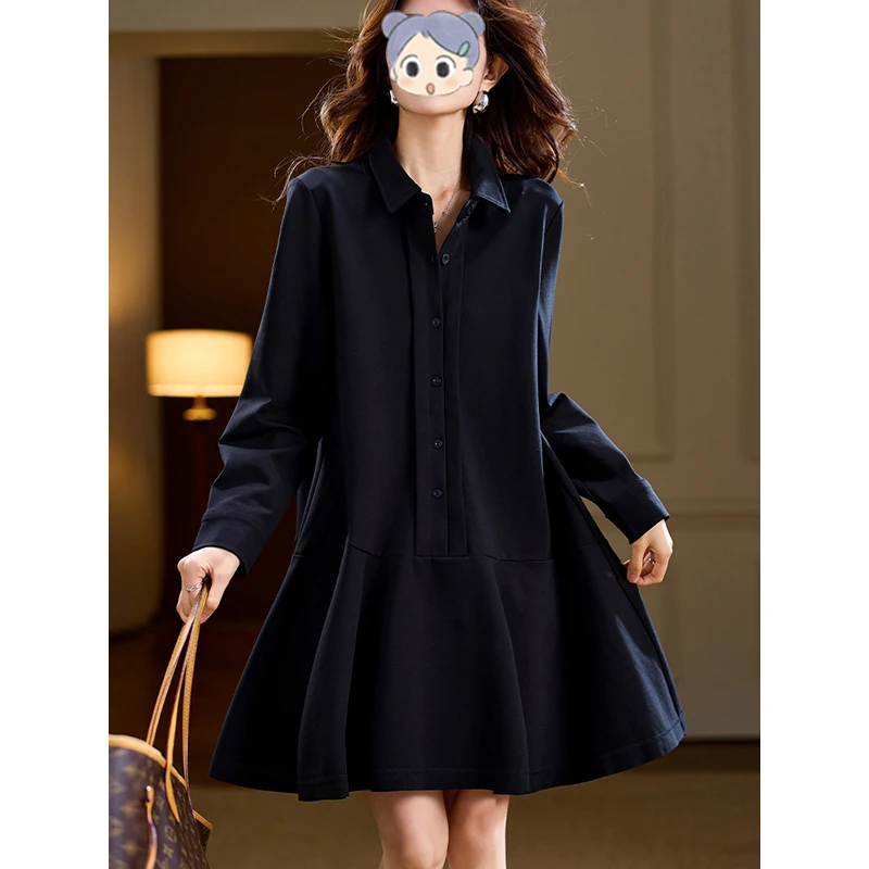 简约休闲翻领连衣裙女2025春秋新款大码高级感宽松显瘦鱼尾中长裙