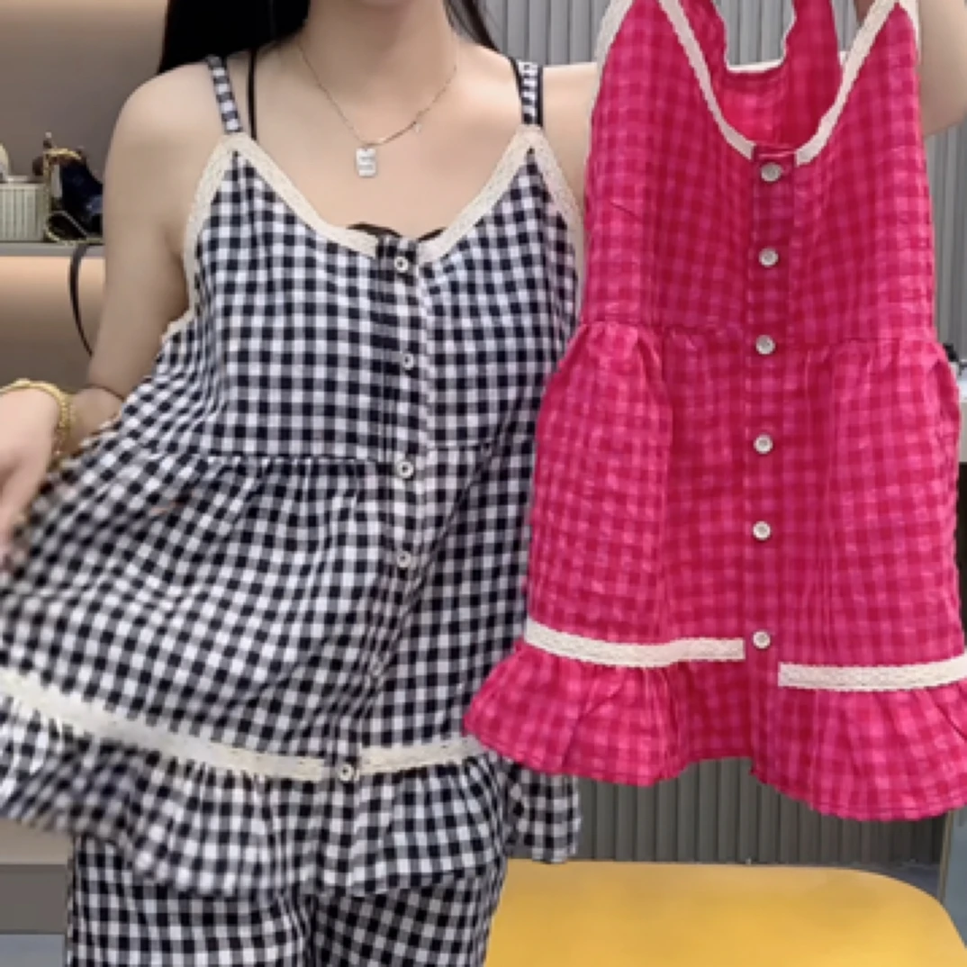 洋气减龄格子睡衣套装女夏季新款吊带短裤家居服