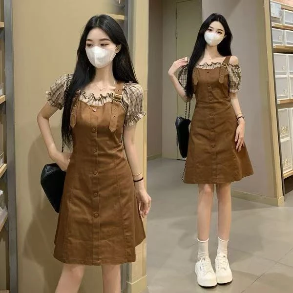 2025夏季新款大码女装法式茶歇森系小众假两件设计辣妹连衣裙1522