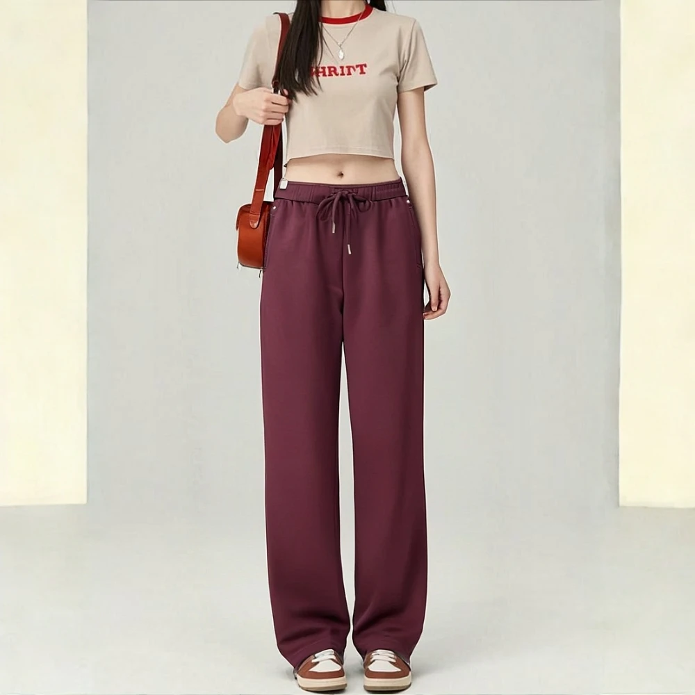 2025秋季新款女士粉色休闲窄版直筒拖地裤显瘦高腰时尚百搭垂感