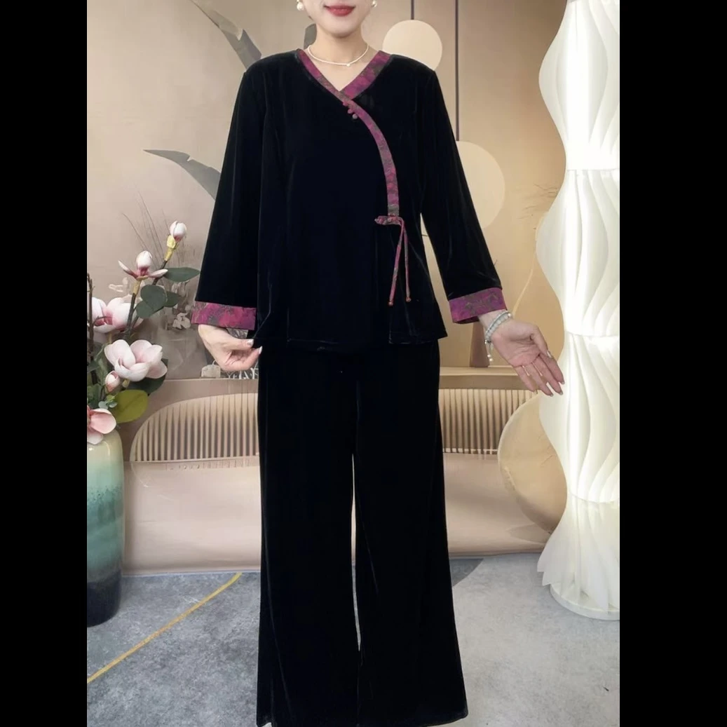 圆领阔腿裤纯色常规款中老年女装新中式金丝盘扣立领套装