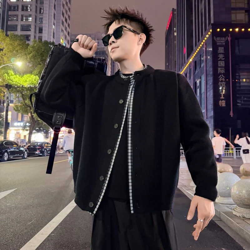 千鸟格纹拼接设计感假两件针织外套男款春秋季痞帅潮牌开衫毛衣潮