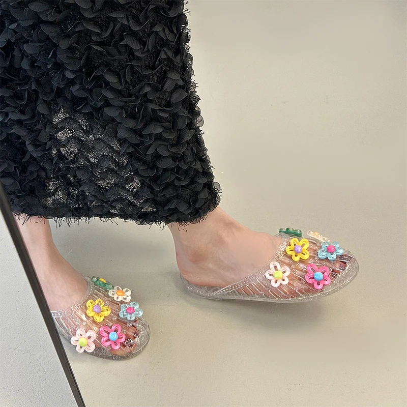 水晶鞋凉鞋女平底透明半拖外穿鞋花果冻鞋软底凉拖鞋包头外穿女鞋