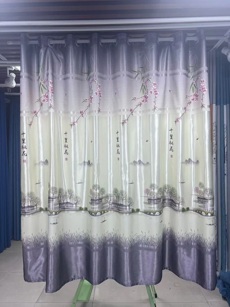 【福利】5米白丝印花桃花成品短款窗帘（高度2米，对分成两片）