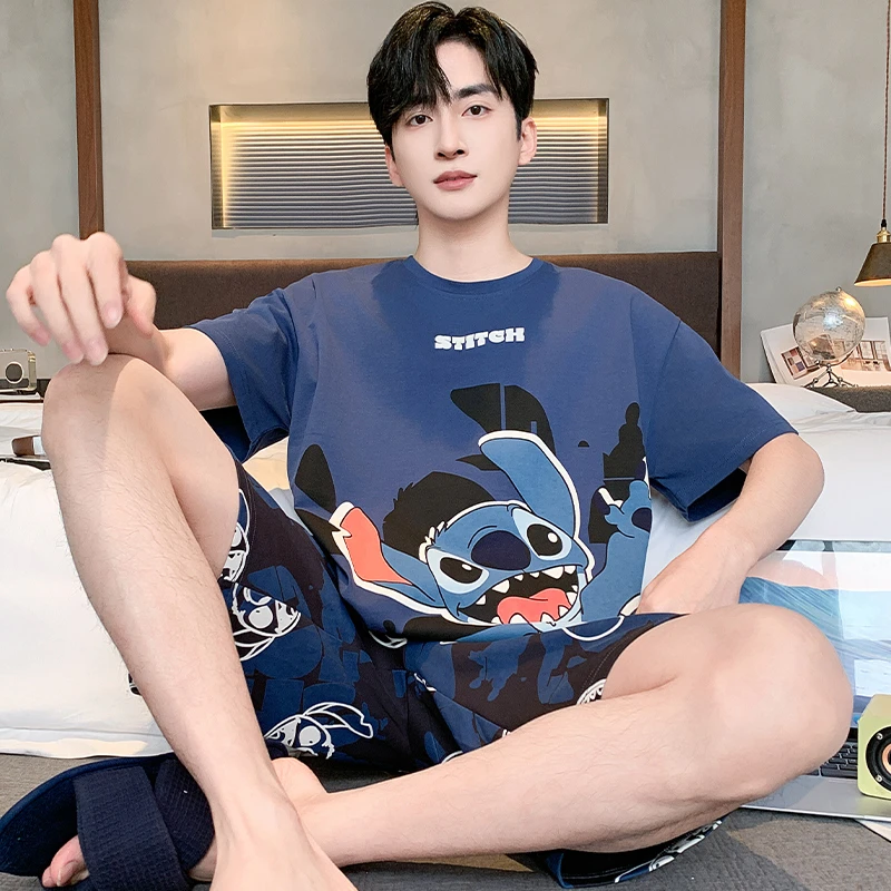 夏天男睡衣家居服纯棉套装宽松卡通套装夏天休闲青少年男士家居服