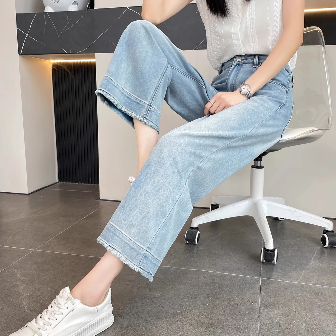 浅色直筒牛仔裤女夏季新款高腰显瘦薄款冰丝垂感小个子八分裤