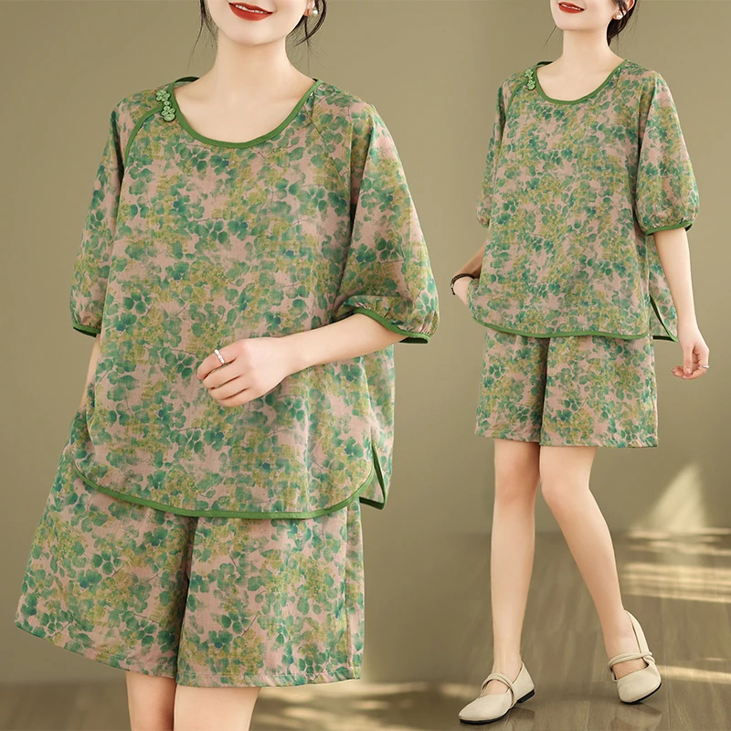 复古碎花时尚套装夏季大码宽松民族风盘扣中袖上衣休闲短裤女装