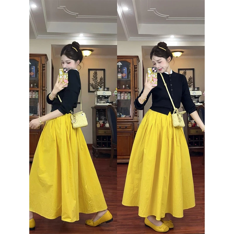 parkyeon秋季新款多巴胺穿搭拼接长袖针织衫上衣高腰半身裙套装女