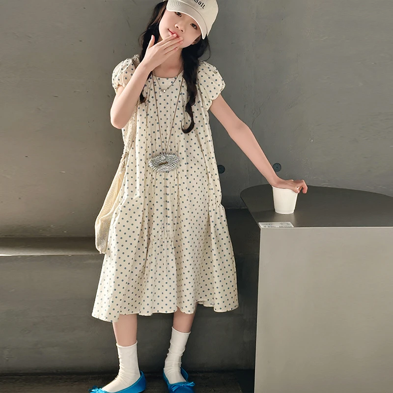 女童夏装连衣裙2025新款中大童波点沙滩过膝长裙泡泡袖甜美公主裙