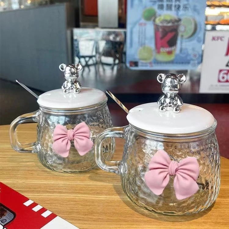 【2只装】ins风蝴蝶结小熊马克杯玻璃把手锤纹情侣水杯咖啡牛奶杯
