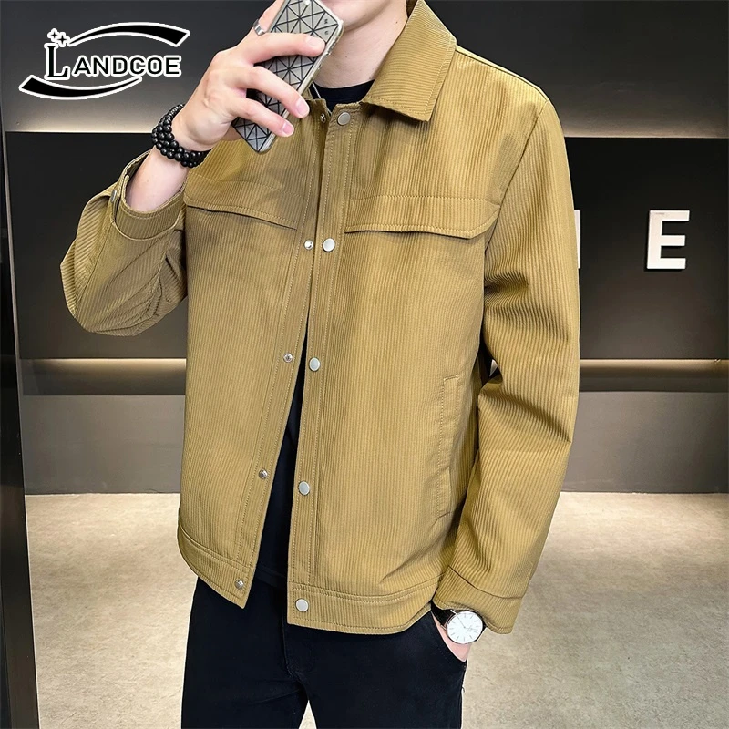 LANDCOE夹克外套男2025新款春秋潮流帅气翻领短款修身暗纹上衣服