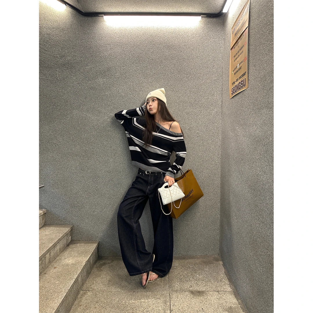 DYANGJUN【香香条纹】秋季新款小众条纹斜肩毛衣