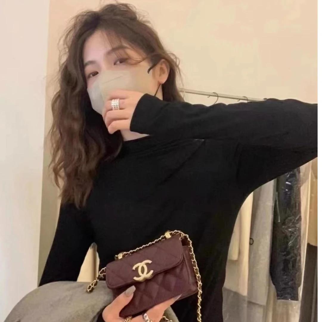 【加绒保暖不起球】打底衫半高领女纯色秋冬中领长袖T显瘦内搭6662