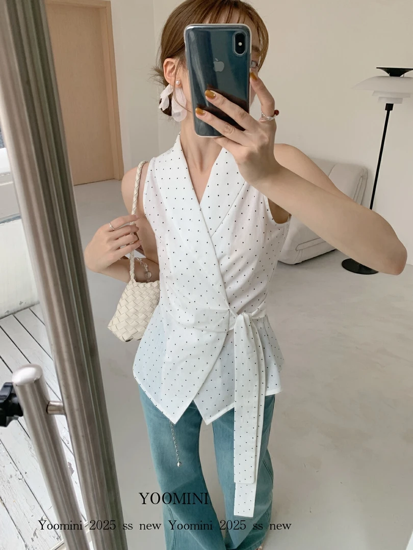 10659 翻领时尚格纹波点收腰绑带百搭气质背心