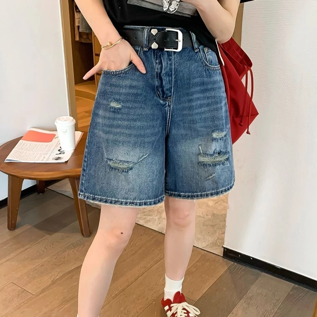 复古美式破洞五分牛仔裤女2025夏季大码胖mm小个子宽松显瘦阔腿裤