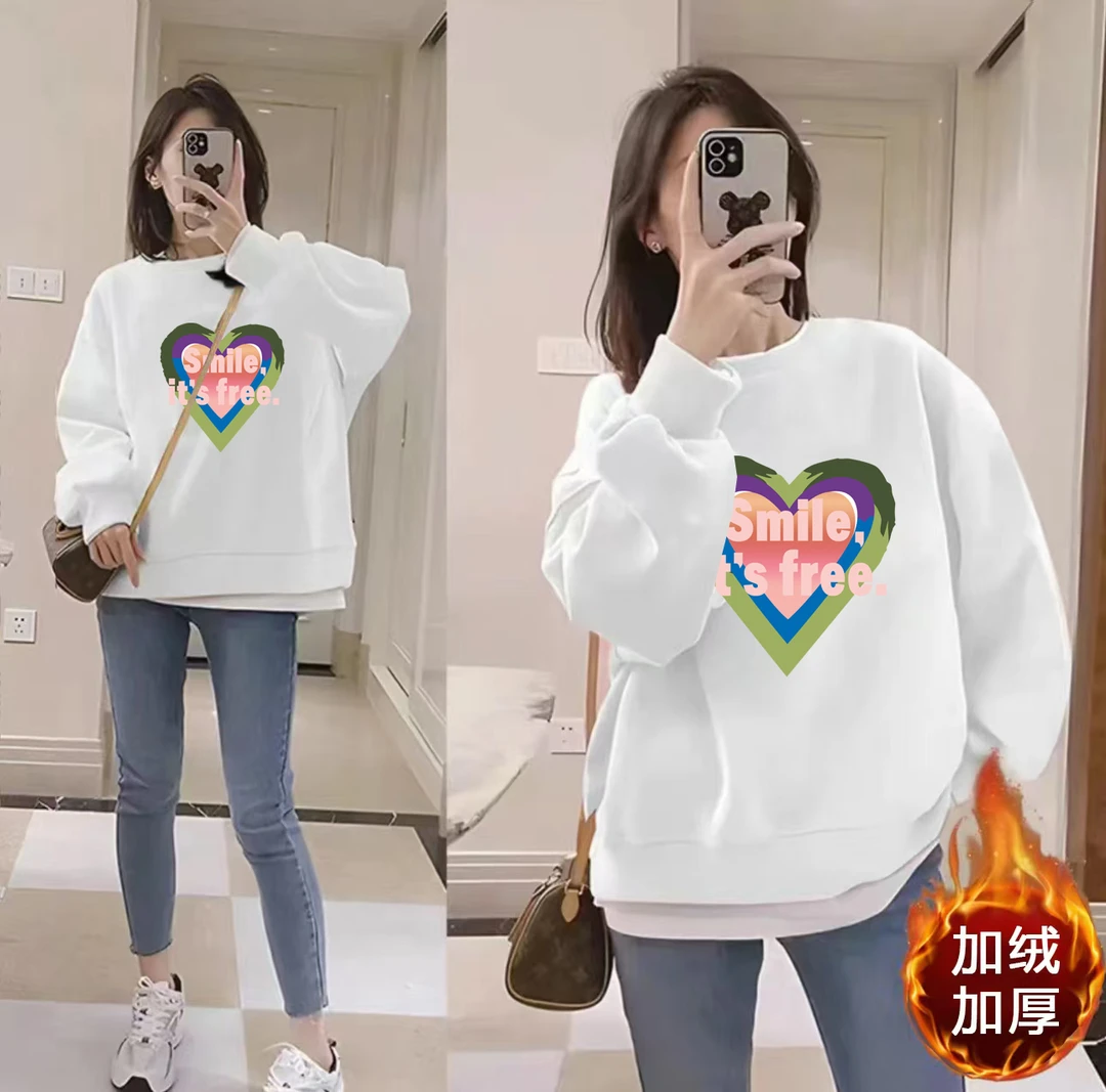 加绒加厚秋冬圆领休闲时尚百搭男女长袖卫衣 彩心